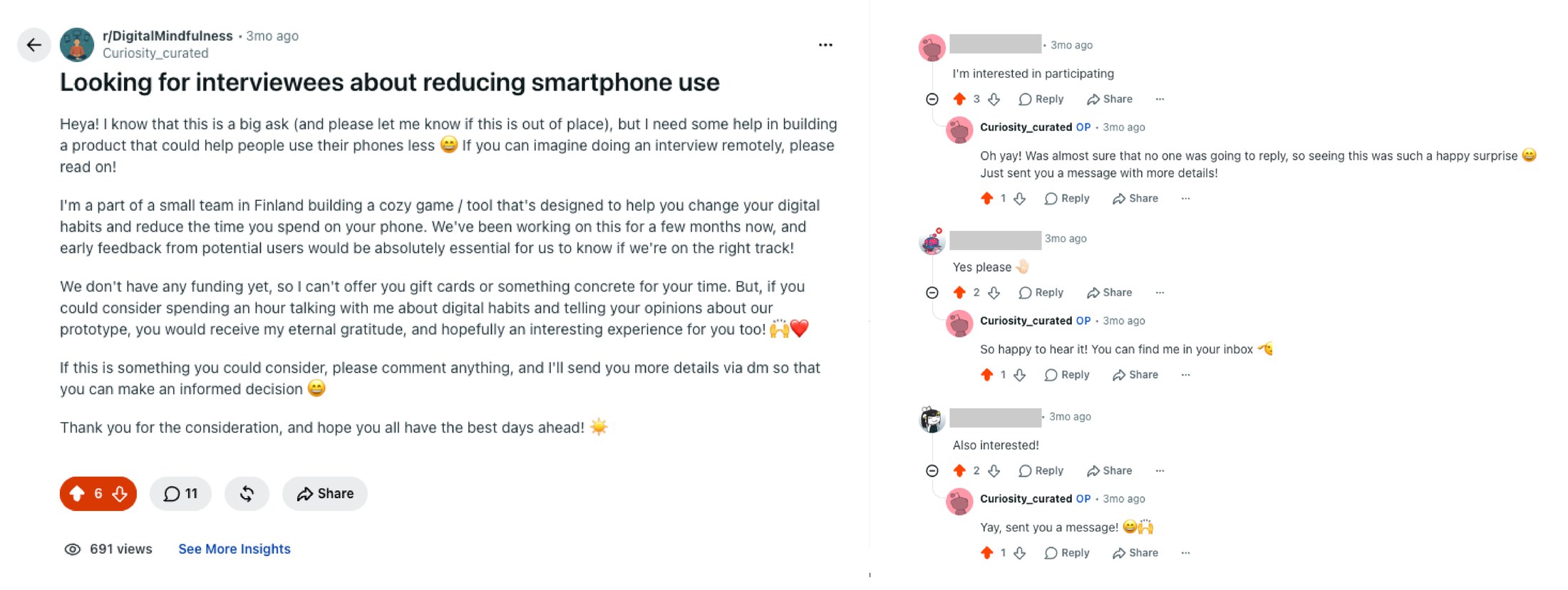 The recruiting post beside the replies it drew. The post explains that the team has no funding and cannot offer gift cards, and asks for an hour of someone's time. Three strangers answer that they are interested, and Iida replies to each personally, in one case saying she was almost sure nobody would reply. The other commenters' usernames are greyed out.